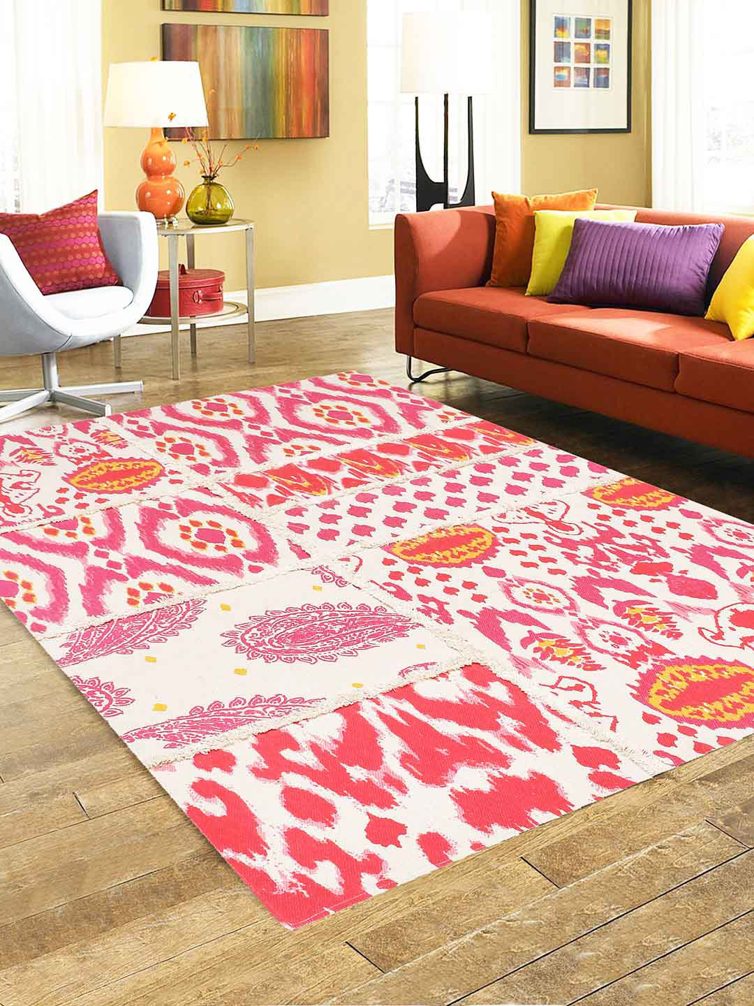 BLANC9 Beige Colored & Pink Patterned Cotton Carpets