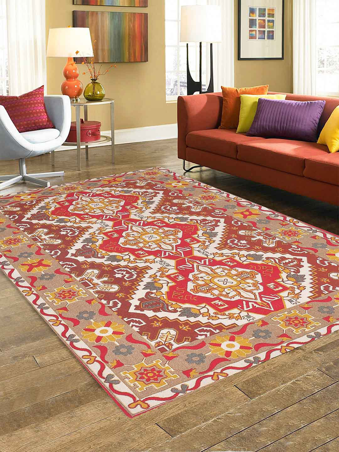 BLANC9 Red & Off White Printed Cotton Carpet