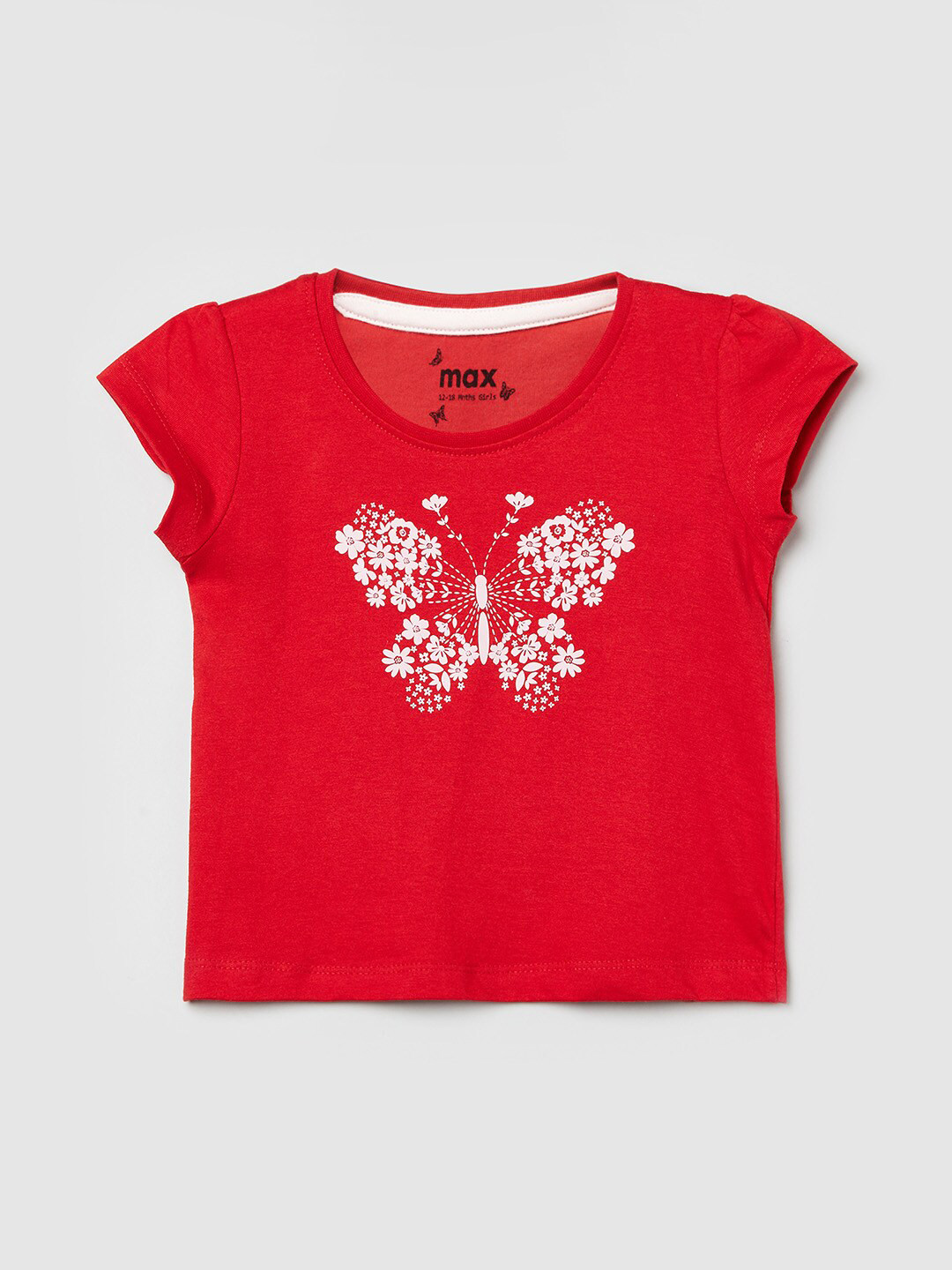 max Girls Red Floral Printed Applique T-shirt