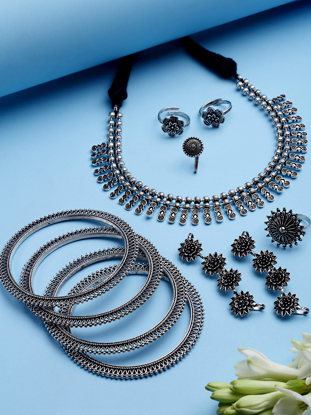 KARATCART Oxidised Silver-Plated Kundan-Studded Combo Tribal Jewellery Set