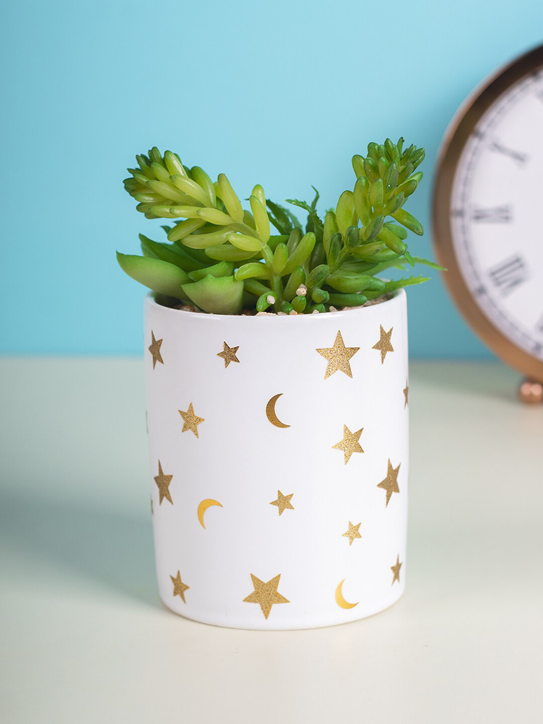 MARKET99 White & Green Printed Artificial Aloevera Plant With Pot
