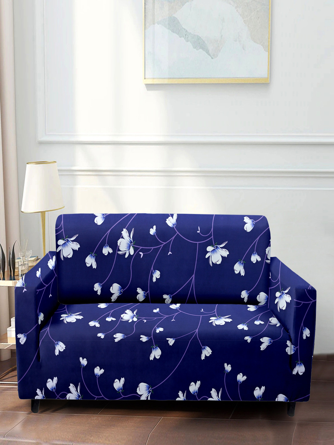 Cortina Navy Blue & White Printed 4 Seater Sofa Cover