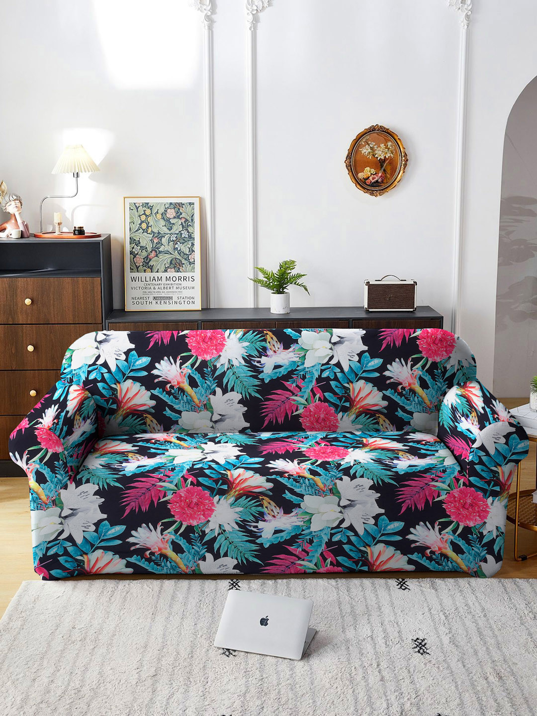 Cortina Pink & Green Printed 4-Seater Sofa Cover