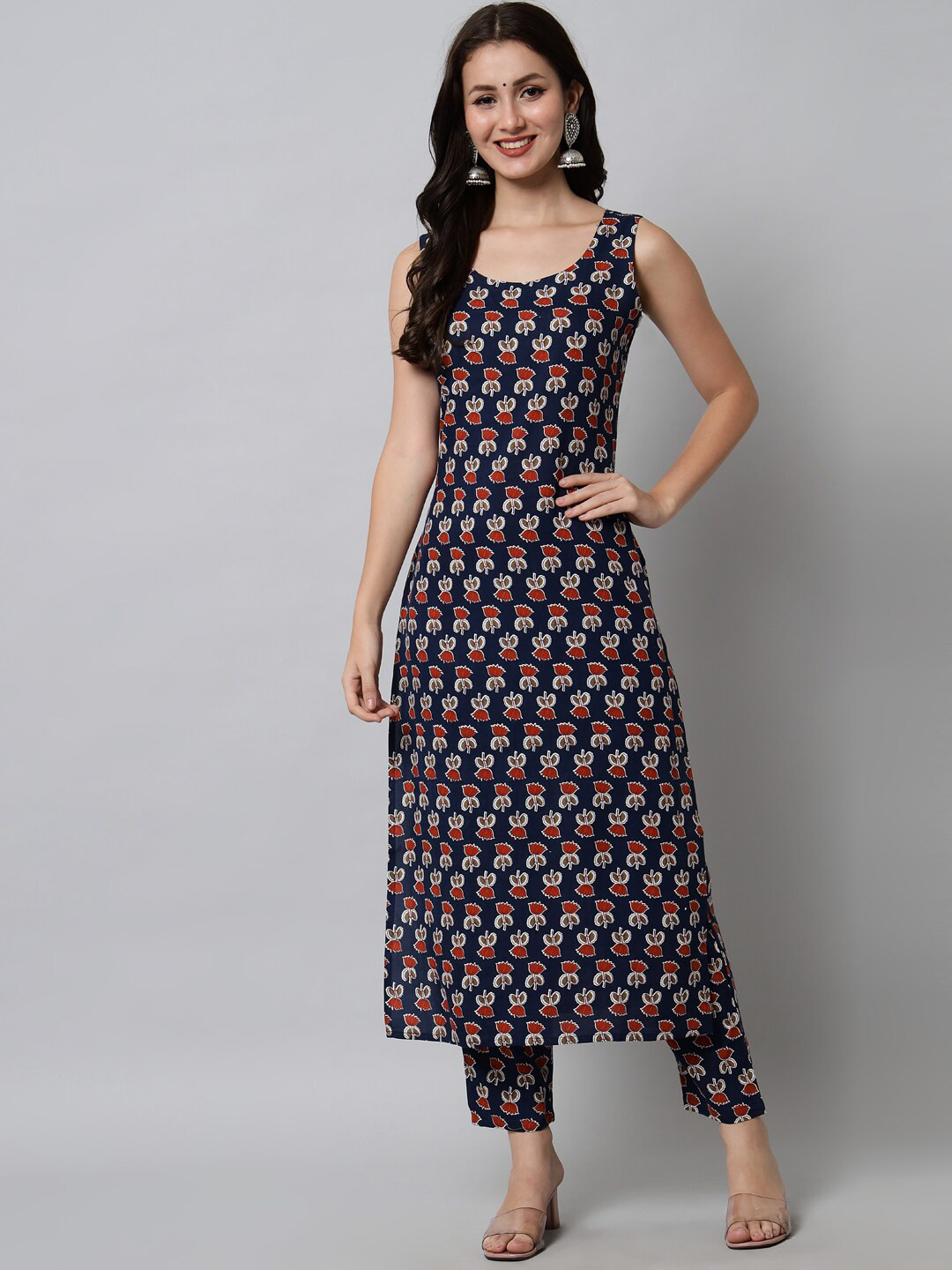KALINI Women Blue Floral Printed Viscose Rayon Kurta with Trousers