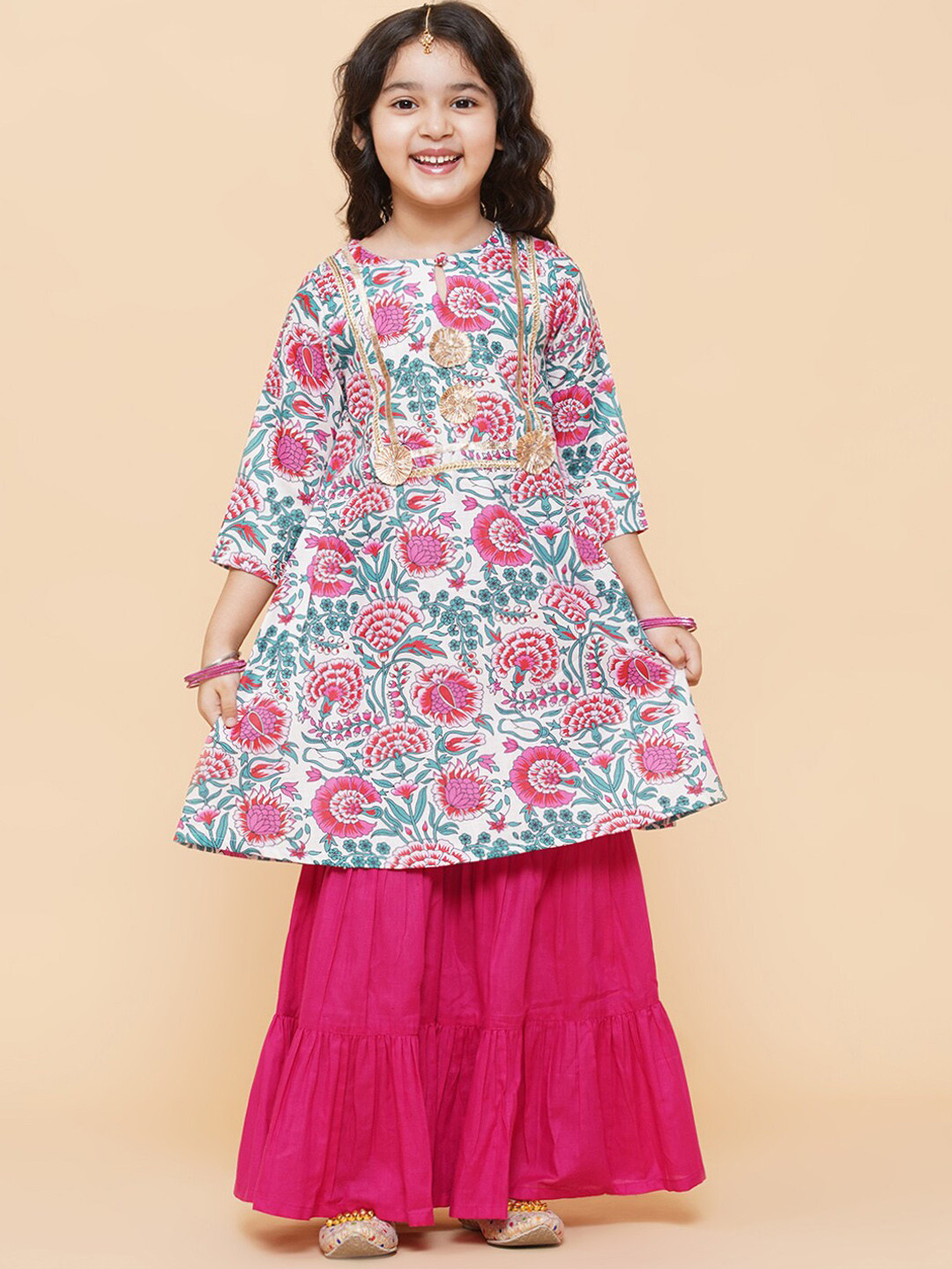 Bitiya by Bhama Girls White & Pink Floral Printed Pleated Kurta with Sharara