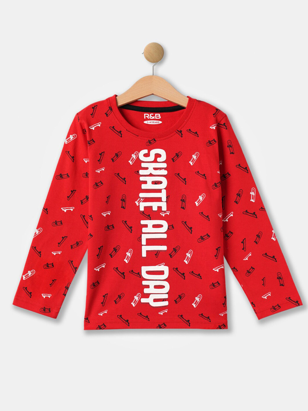 R&B Boys Red Typography Printed V-Neck Applique T-shirt