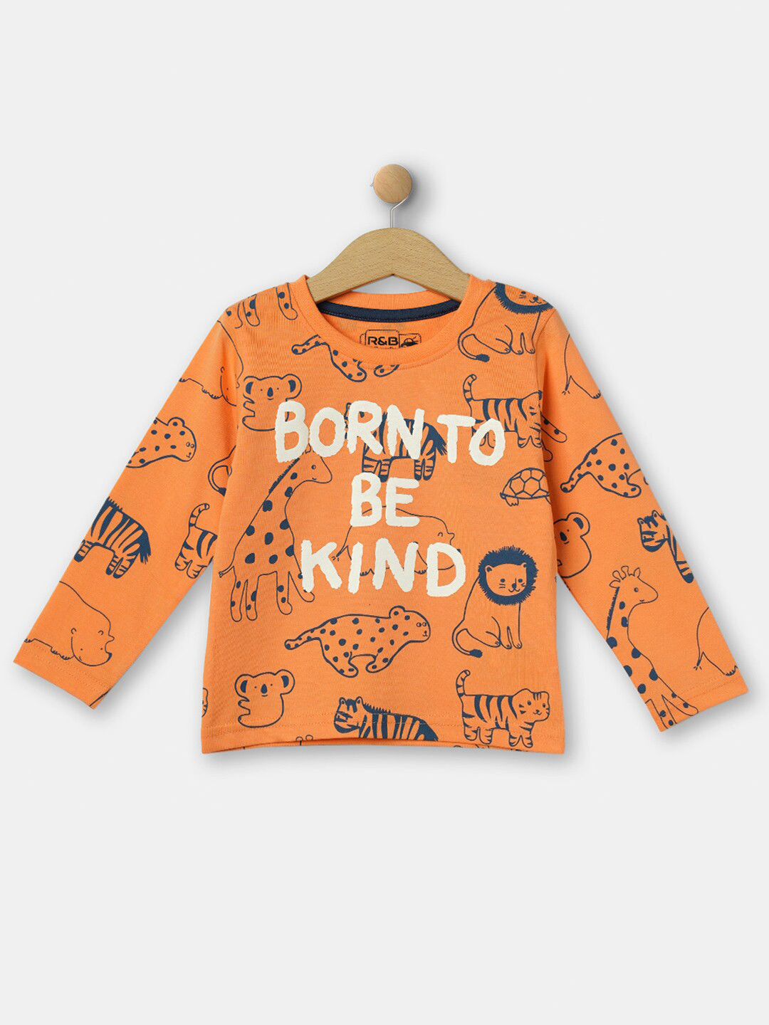 R&B Boys Blue Typography Printed Mandarin Collar Applique T-shirt
