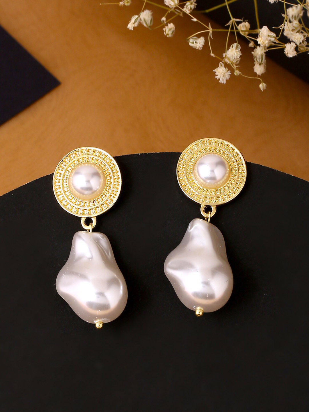 Yellow Chimes Gold Toned Pearl Drop Earrings