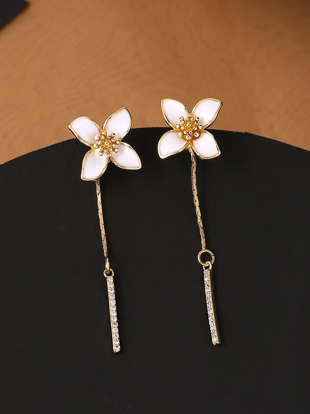 Yellow Chimes Gold-Toned White Color Floral Stud Back Chain Drop Dangler Earrings