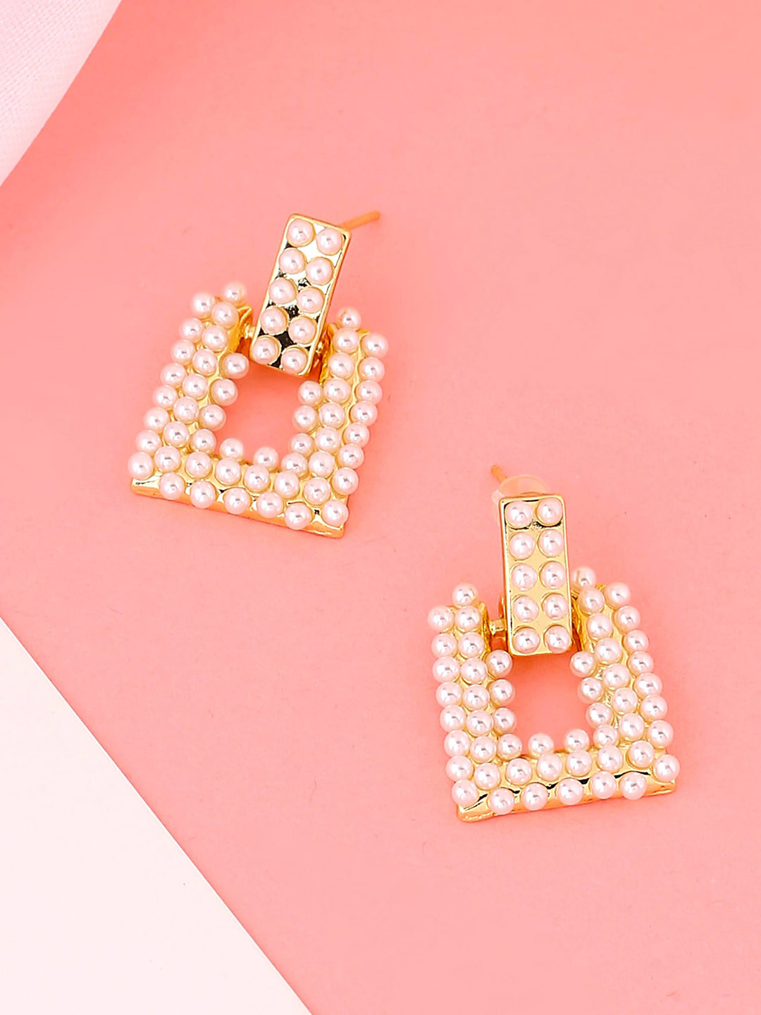 Yellow Chimes Gold Plated & White Pearl Studded Geometrical Shape Drop Earrings