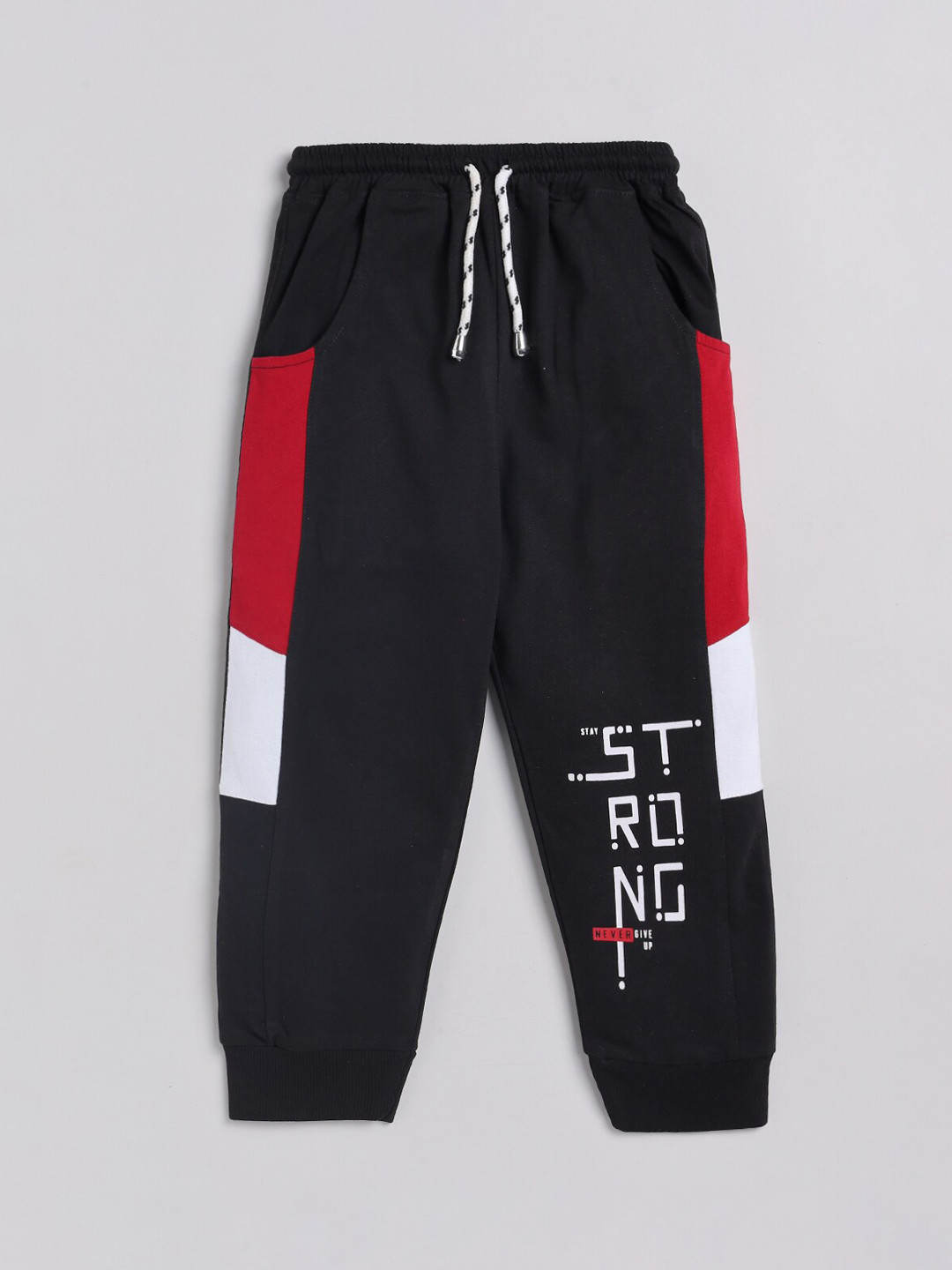 Nottie Planet Boys Black Colourblocked Drawstring Cotton Joggers