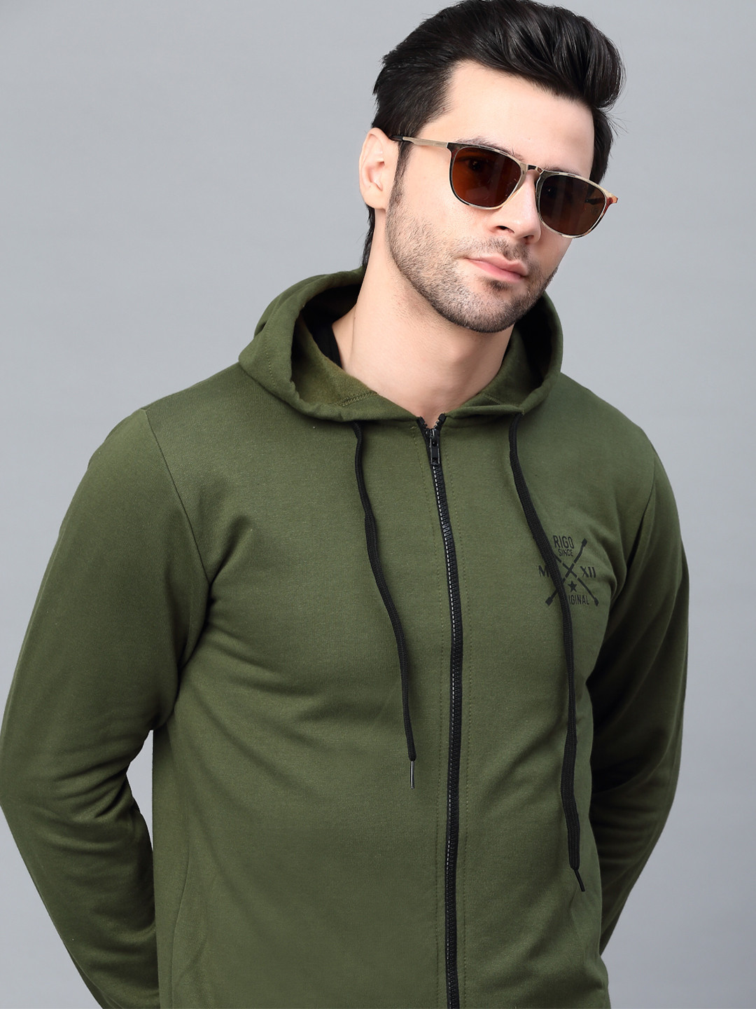 Rigo Men Logo Printed Fleece Outdoor Hooded Jacket