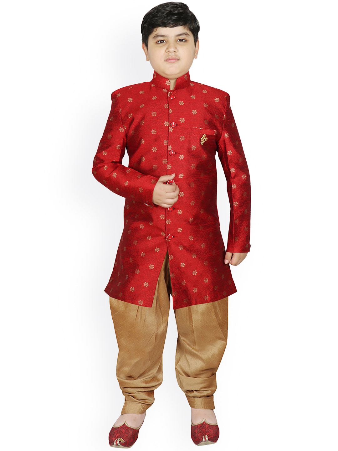 SG YUVRAJ Boys Maroon & Golden Printed Sherwani Set