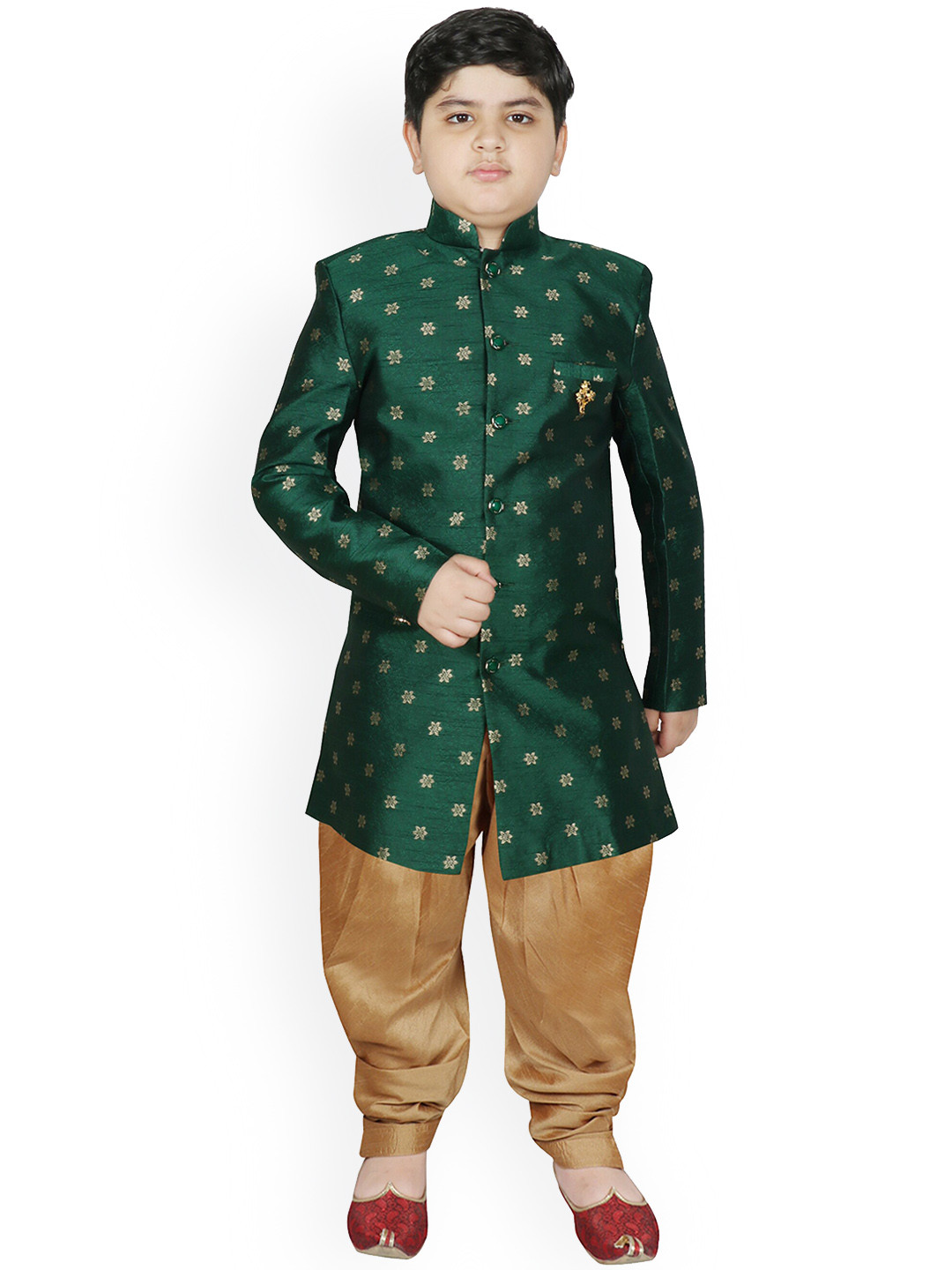 SG YUVRAJ Boys Teal Green & Golden Printed Sherwani Set