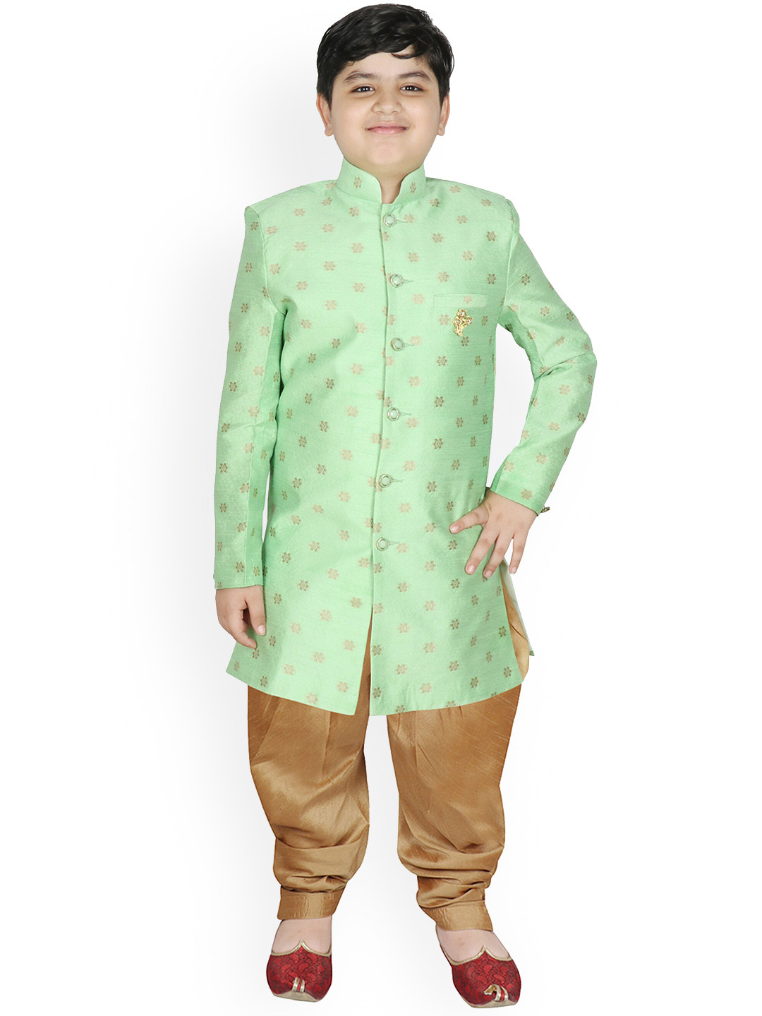 SG YUVRAJ Boys Sea Green & Golden Printed Sherwani Set
