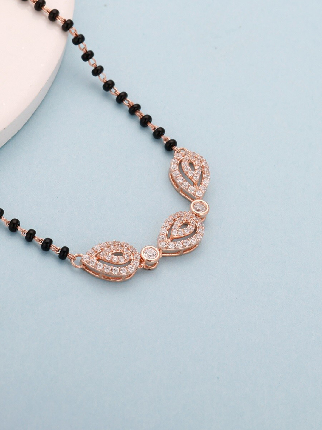 GIVA 925 Sterling Silver Black & White Rose Gold-Plated Beaded Stone Studded Mangalsutra