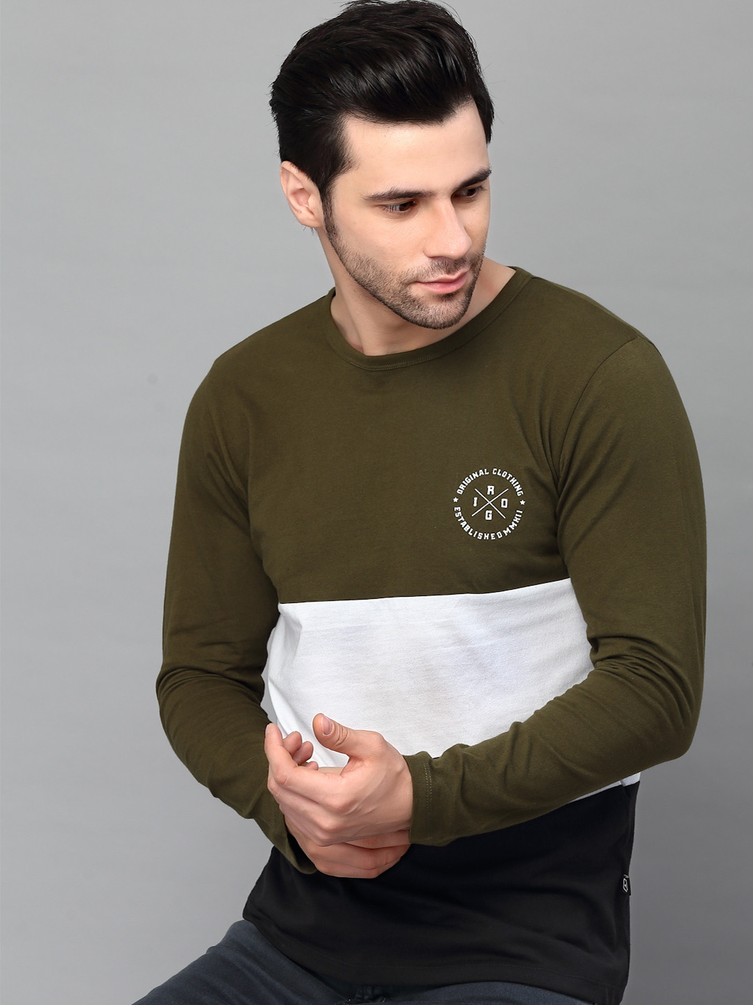 Rigo Men olive Colourblocked Round Neck T-Shirt