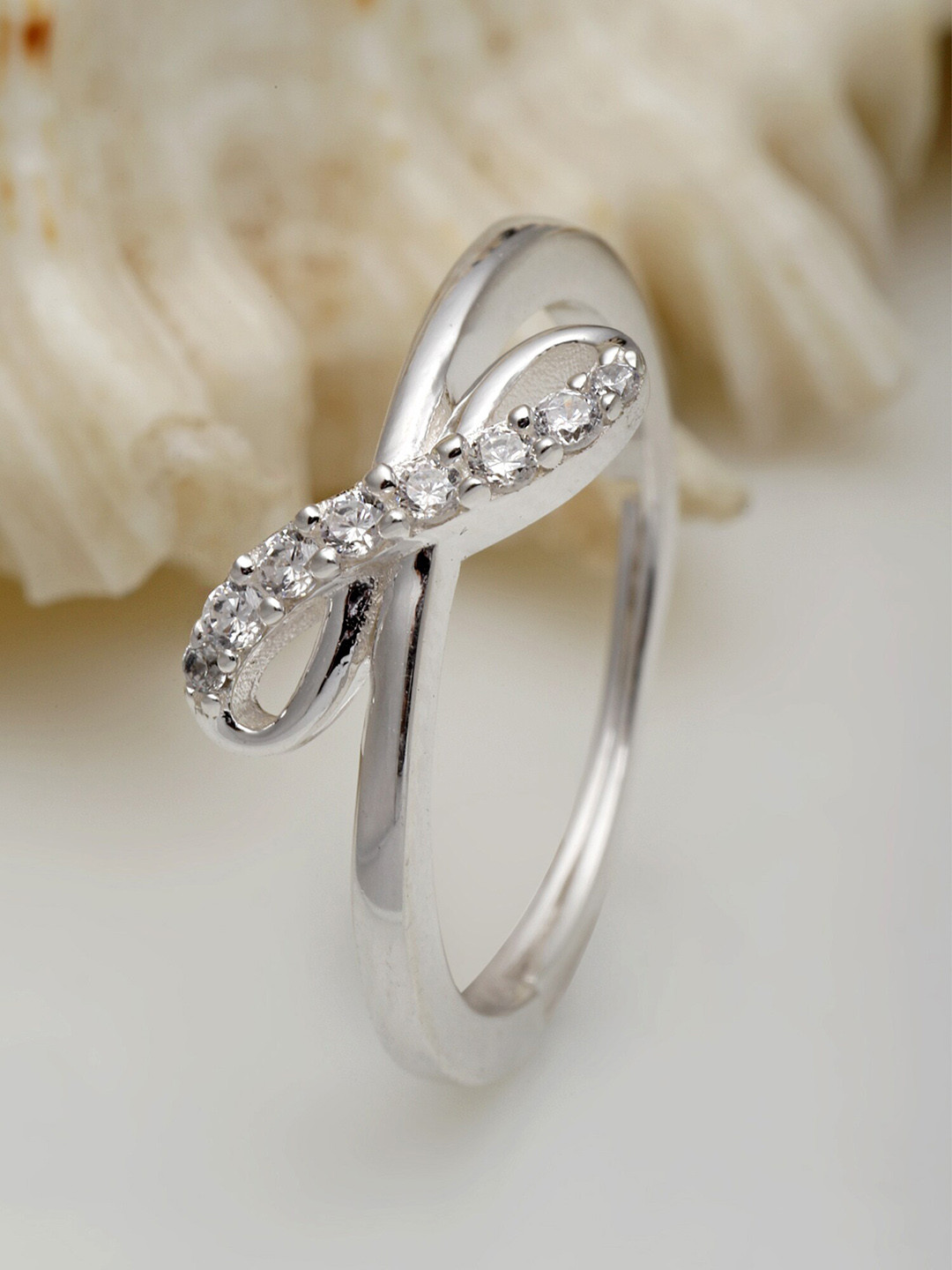 KUNUZ Silver-Plated Loop Shape CZ studded Stones Ring
