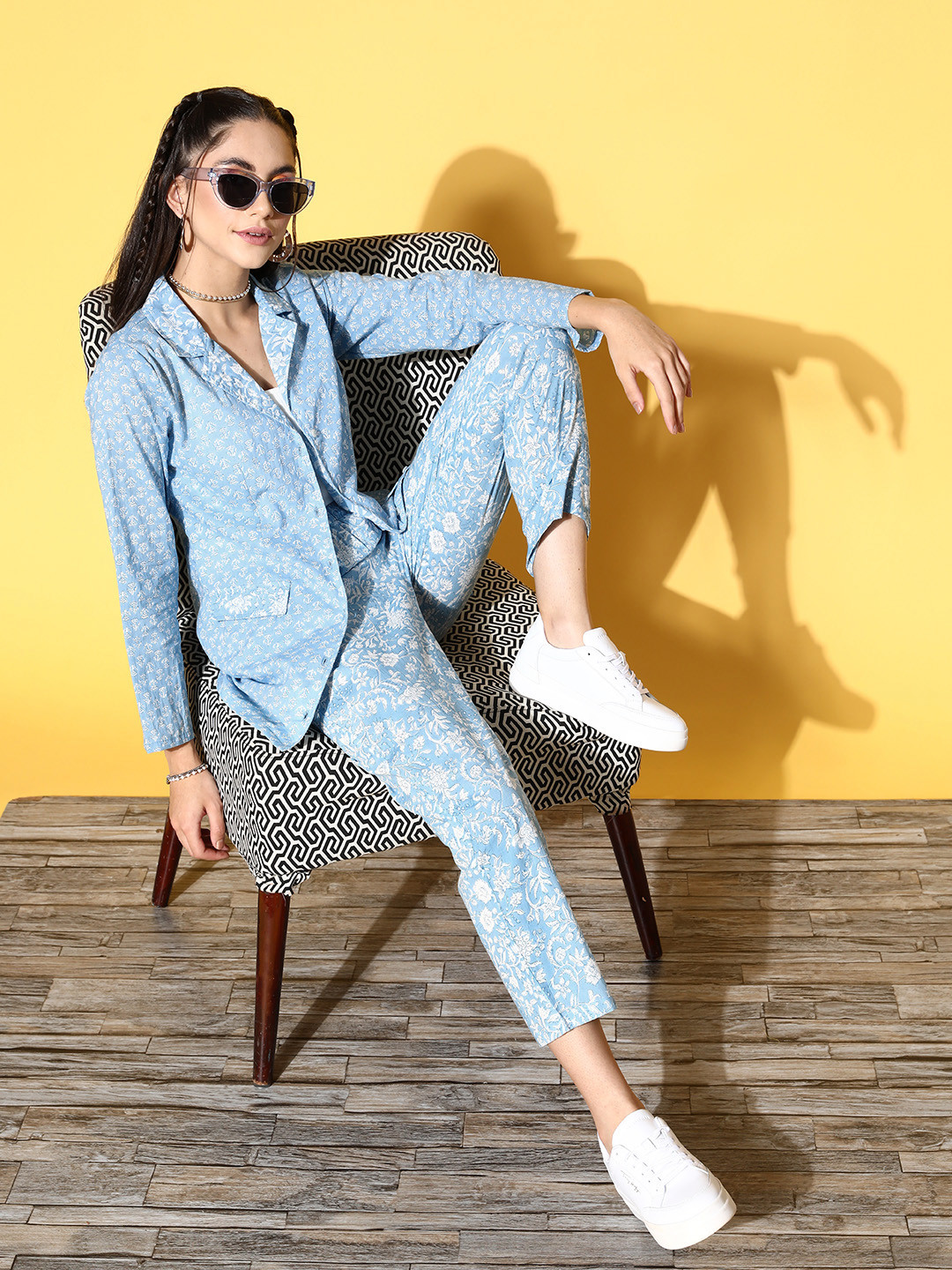 Athena Women Blue Printed Shirt with Trousers