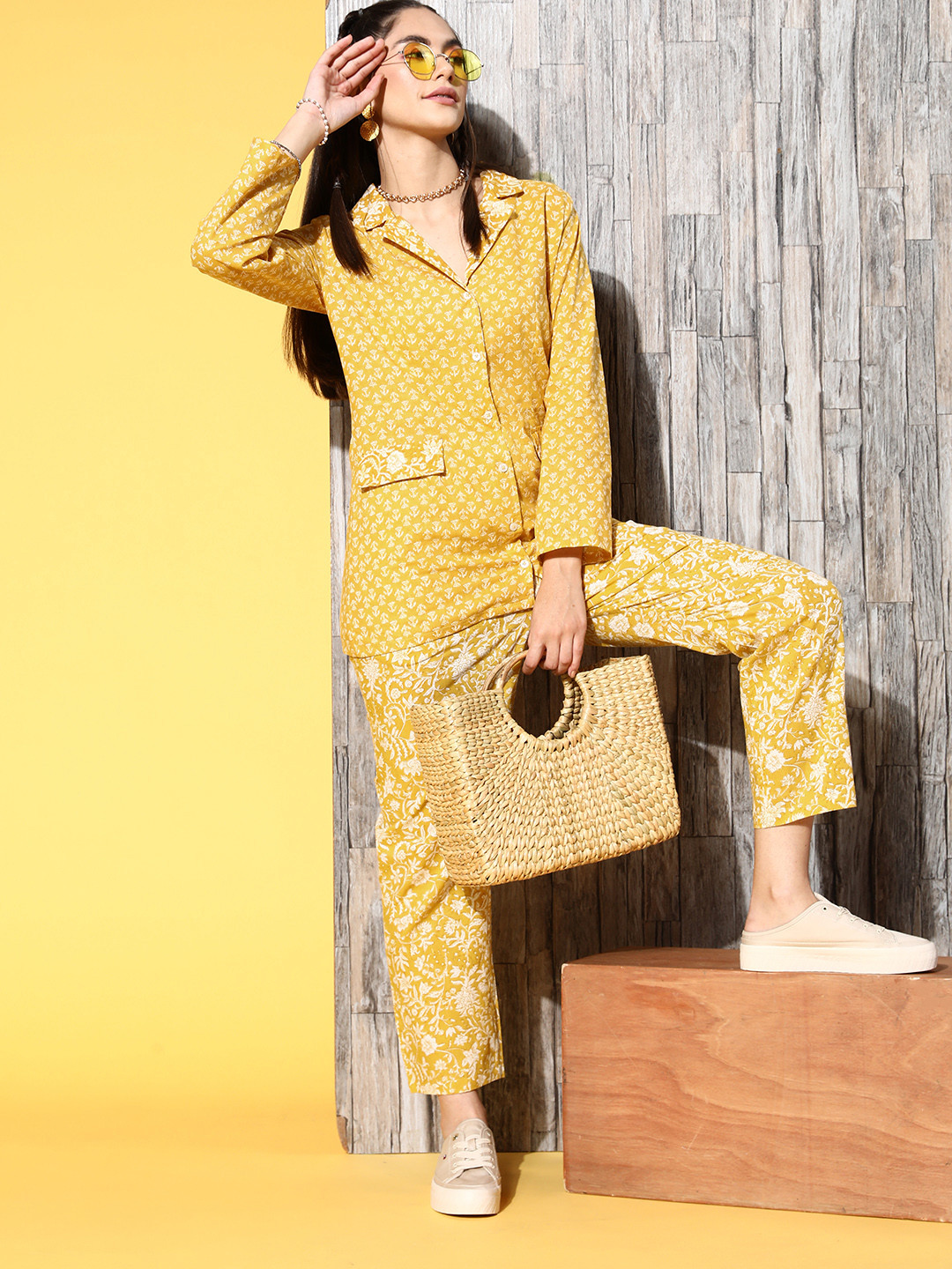 Athena Women Bright Yellow Printed Shirt with Trousers