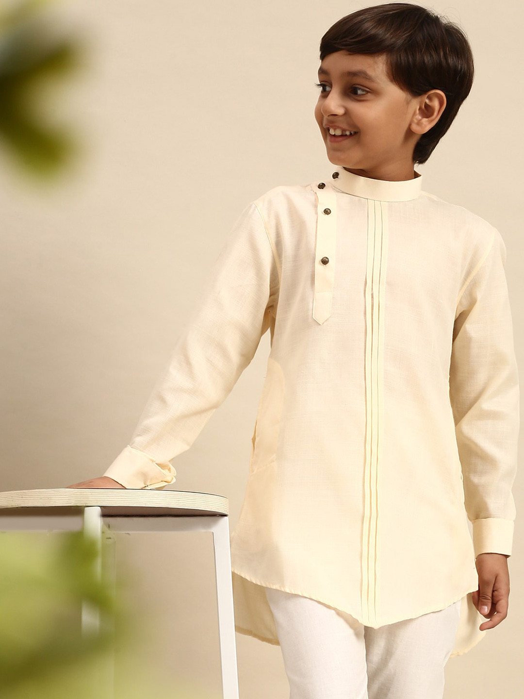 Sangria Boys Cream-Coloured Solid Angrakha Kurta