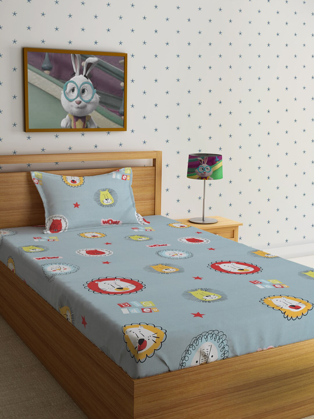 HOSTA HOMES Blue Cartoon Characters Polycotton 210 TC Fitted Single Fine Bedsheet with a Pillow Cover-60 x 108 inches