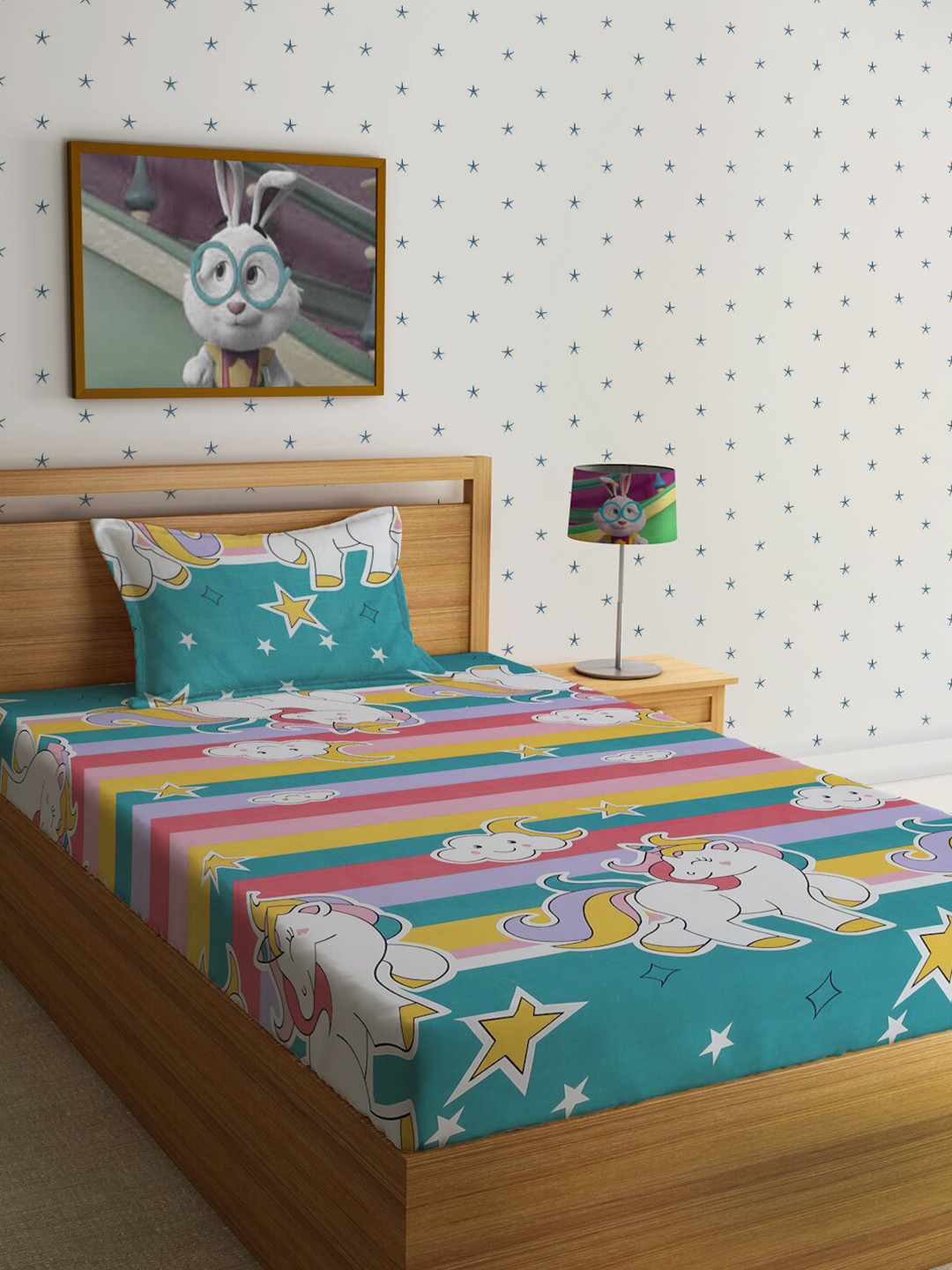 HOSTA HOMES Blue Graphic Polycotton 210 TC Single Fine Bedsheet with a Pillow Cover-60 x 90 inches