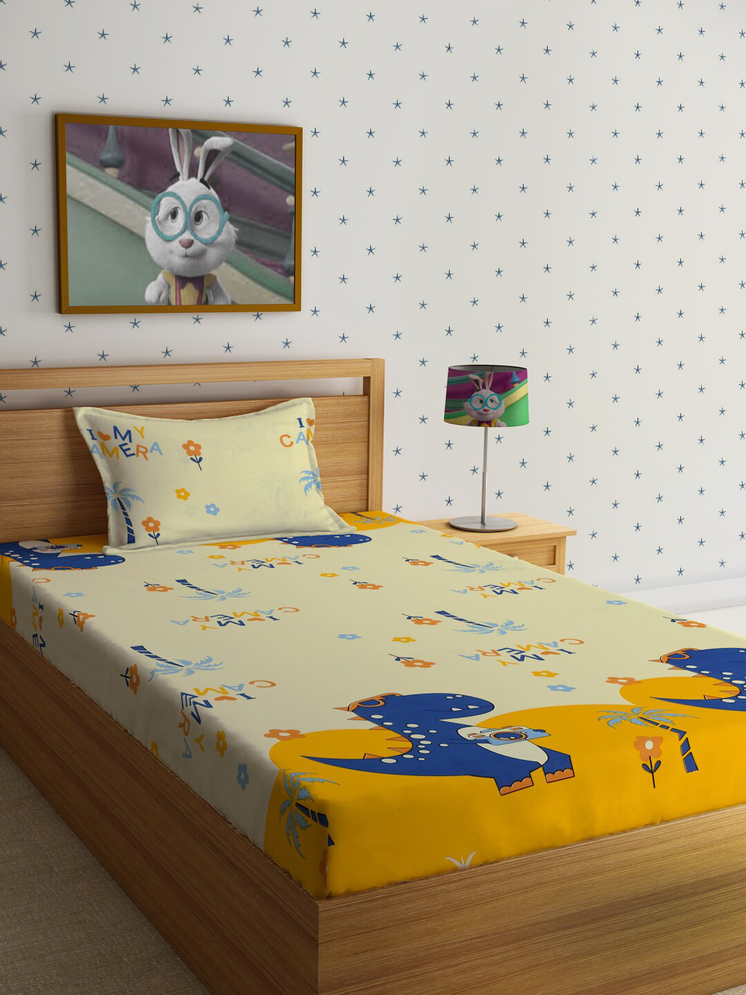 HOSTA HOMES Yellow Cartoon Characters Polycotton 220 TC Single Fine Bedsheet with a Pillow Cover-90 x 60 inches