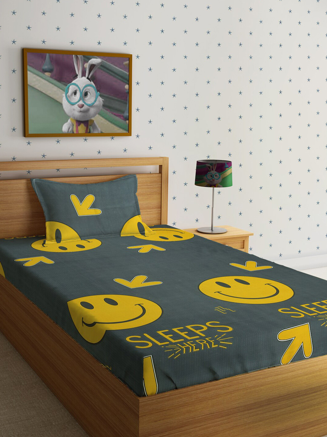 HOSTA HOMES Green Graphic Polycotton 210 TC Single Fine Bedsheet with a Pillow Cover-90 x 59 inches