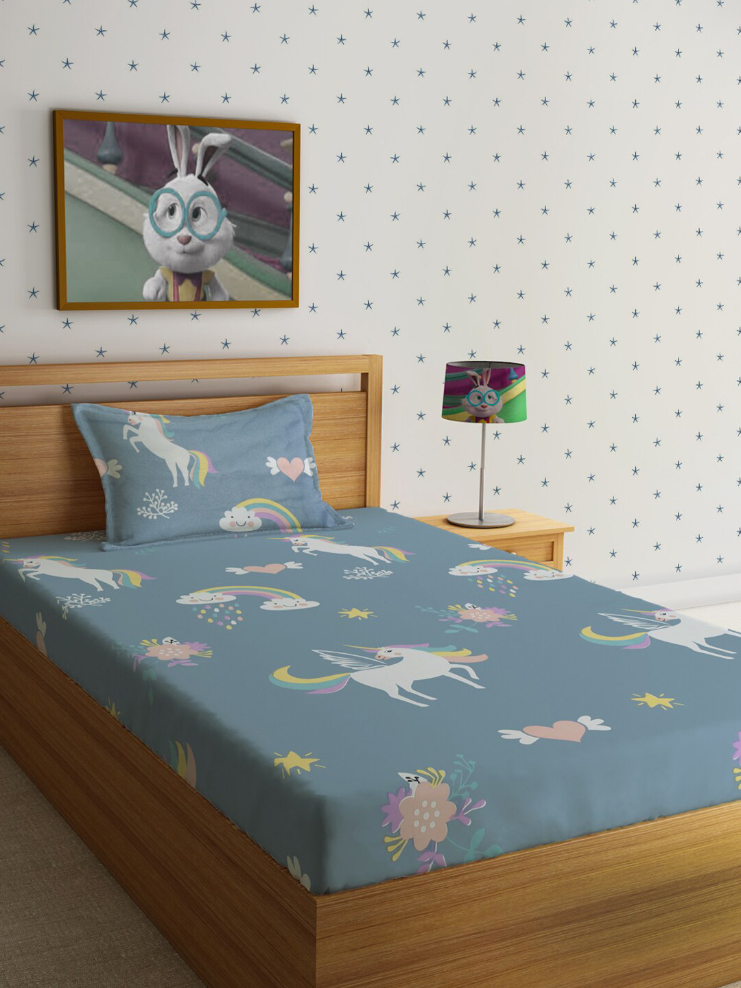 HOSTA HOMES Grey Graphic Polycotton 210 TC Single Fine Bedsheet with a Pillow Cover-90 x 59 inches