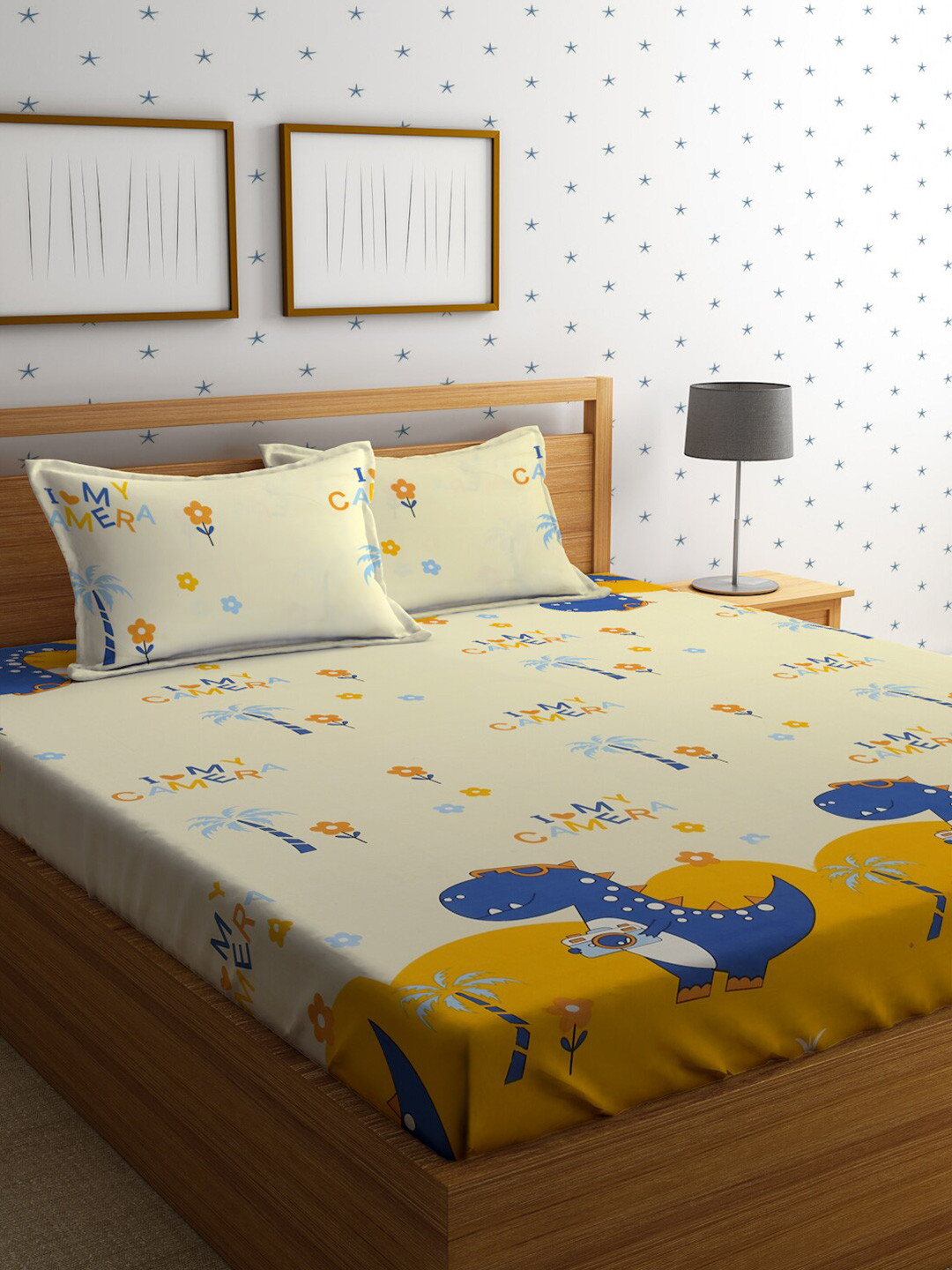 HOSTA HOMES Cream Cartoon Characters Polycotton 210 TC Fitted Queen Fine Bedsheet with 2 Pillow Covers-90 x 100 inches