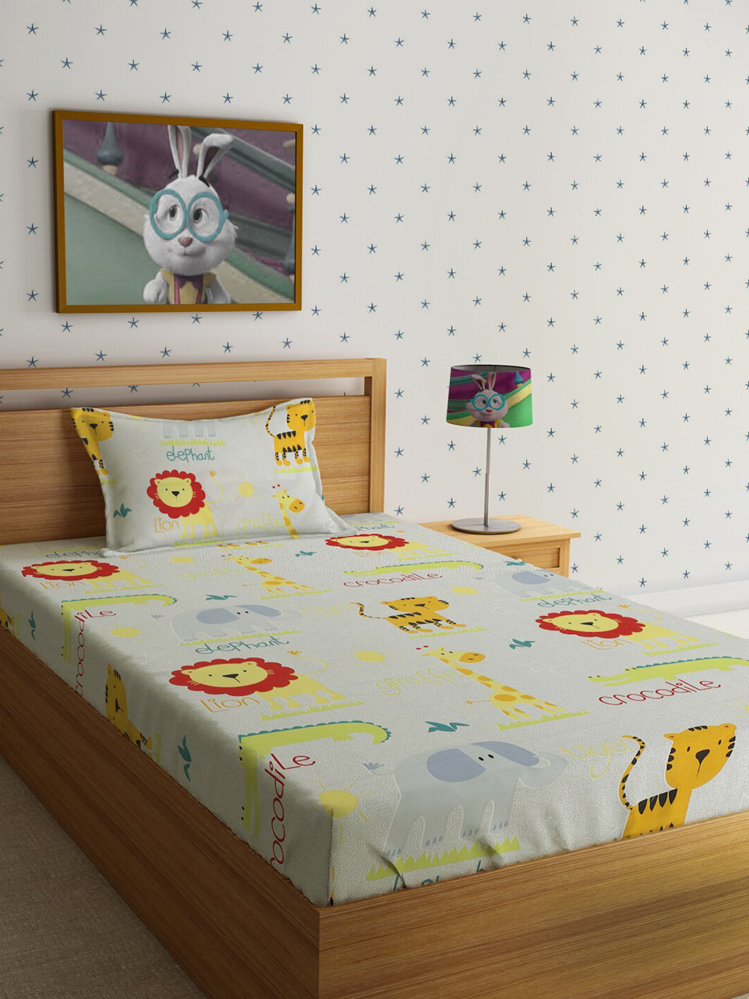 HOSTA HOMES Green Cartoon Characters Polycotton 210 TC Single Fine Bedsheet with a Pillow Cover-60 x 90 inches
