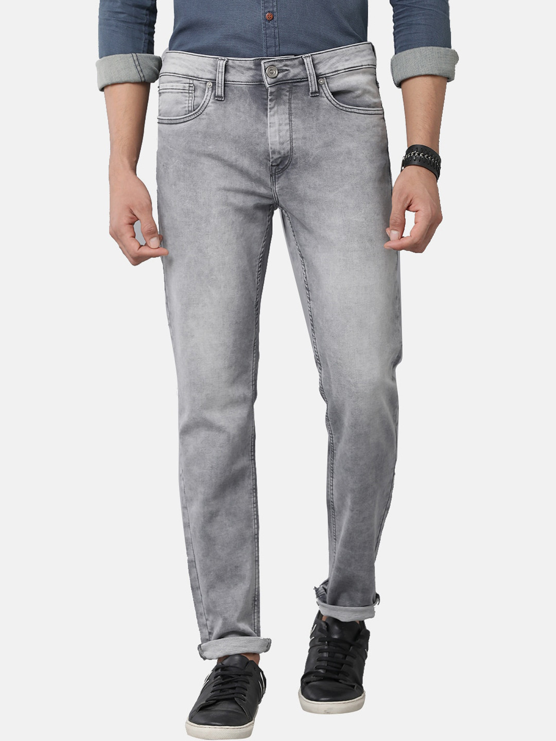Voi Jeans Men Grey Slim Fit Heavy Fade Mid Rise Jeans