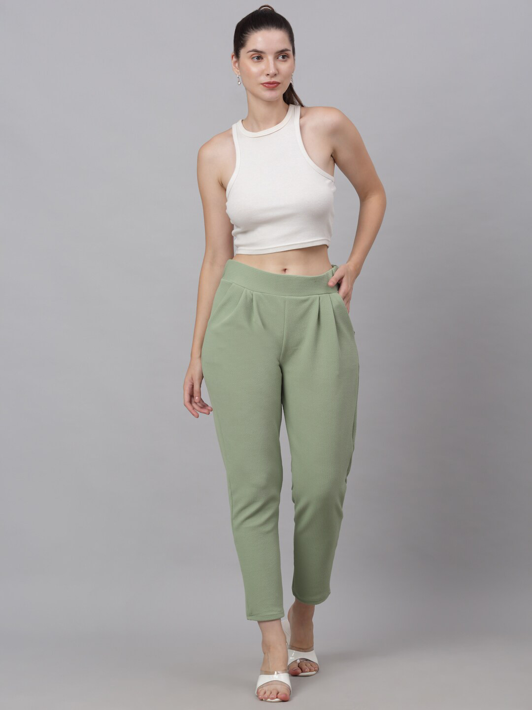 NEUDIS Women Green Easy Wash  Regular Fit Trouser