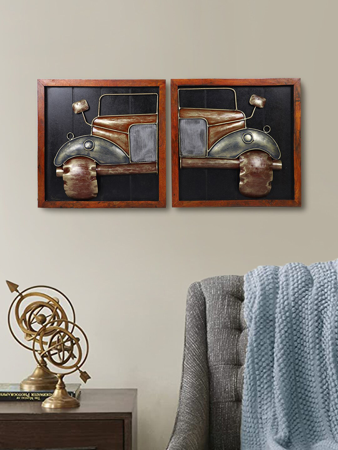 Aapno Rajasthan Double Frame Vintage Jeep Car Metal Antique Automobile Wall Decor-18.1In