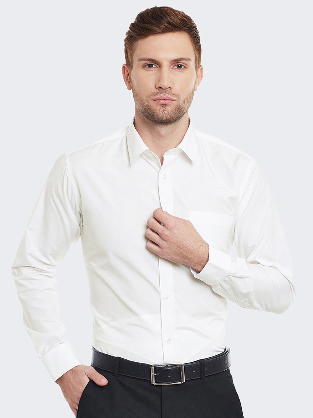 Hancock Men Cream-Coloured Slim Fit Solid Formal Shirt