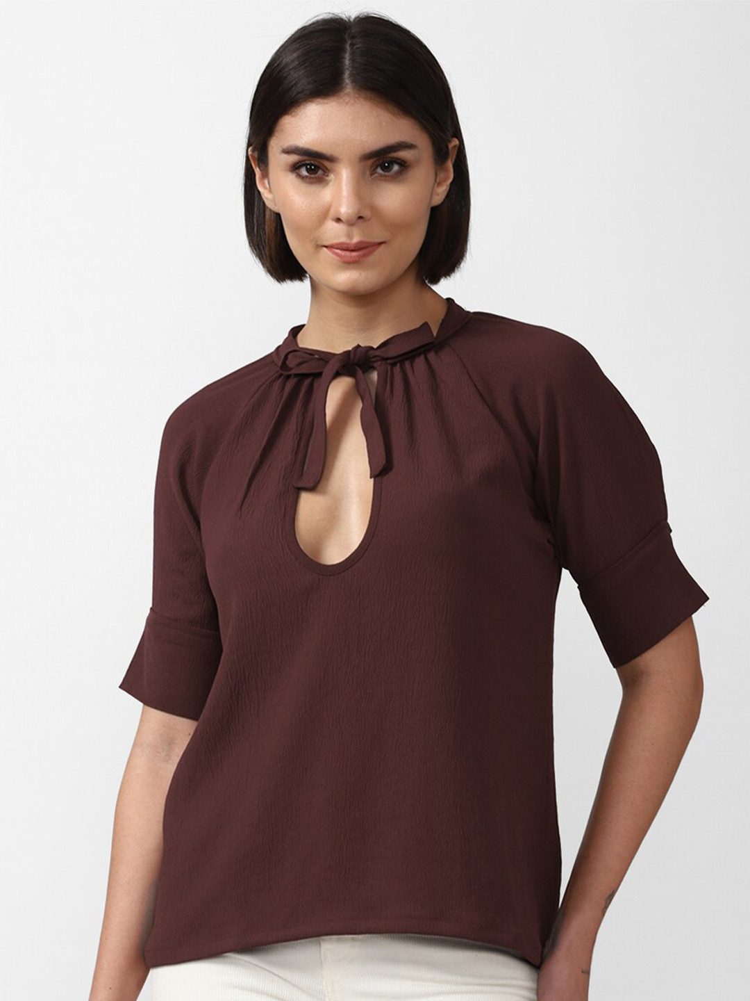 FOREVER 21 Brown Solid Keyhole Neck Top