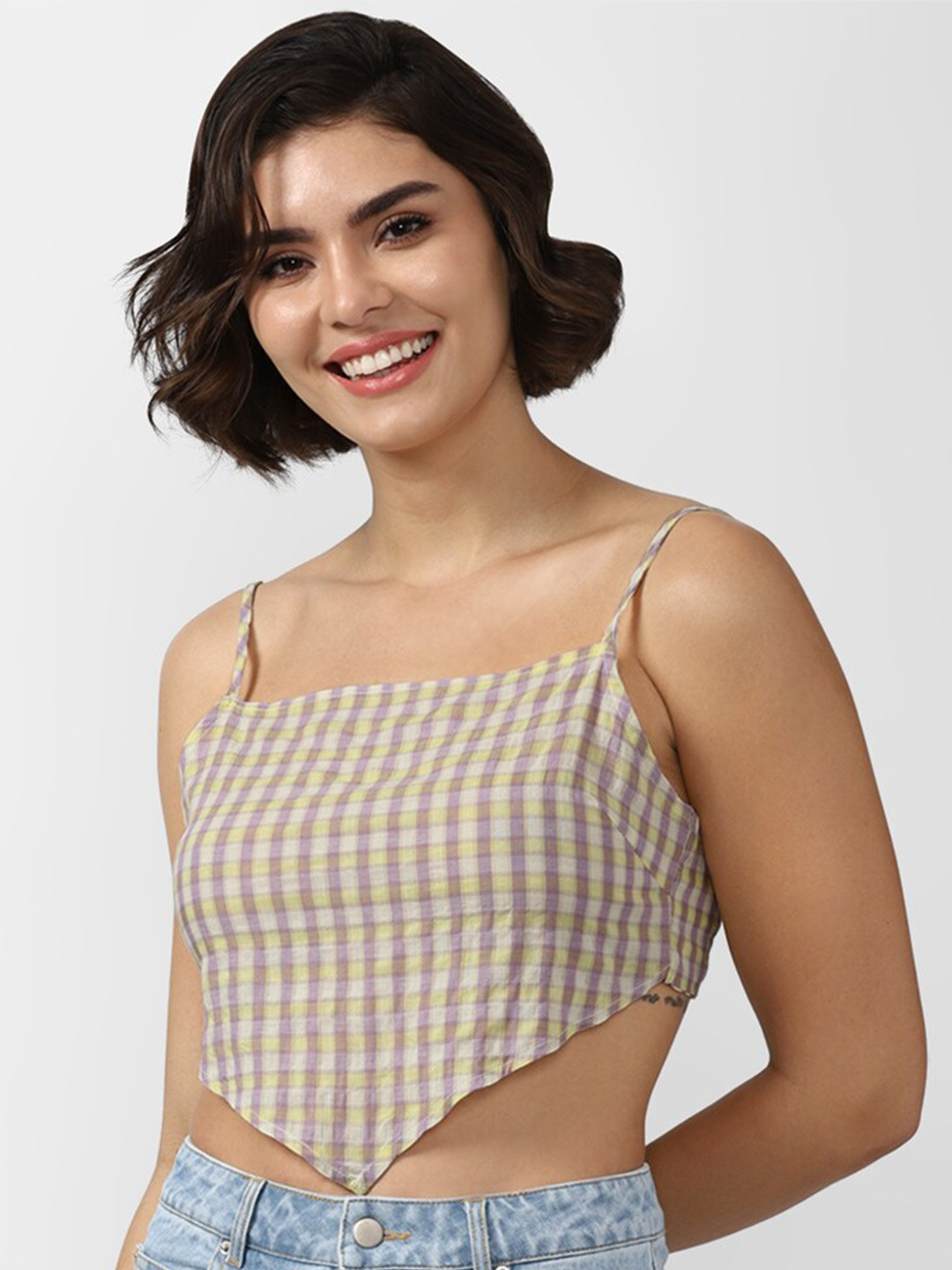 FOREVER 21 Women Brown Checked Crop Cotton Blend Top