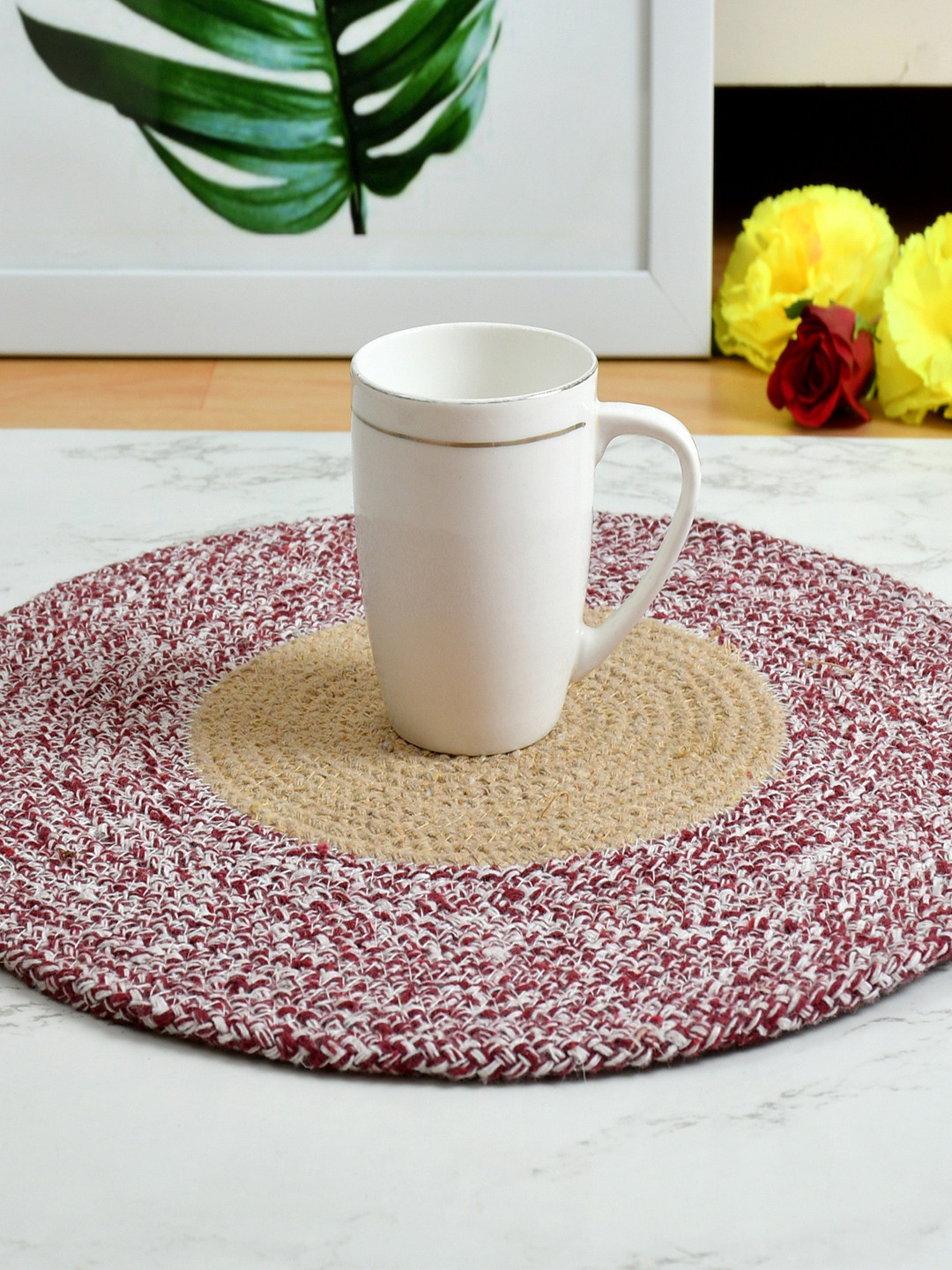 Homefab India Maroon & Beige Set Of 4 Braided Reversible Cotton Table Placemats