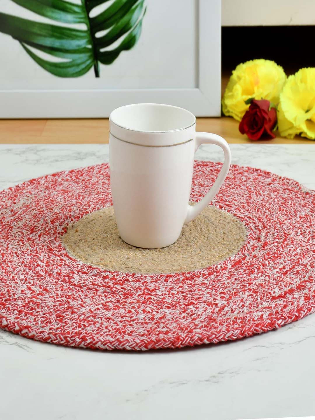 Homefab India Set Of 4 Red & Beige Solid Round Table Placemats