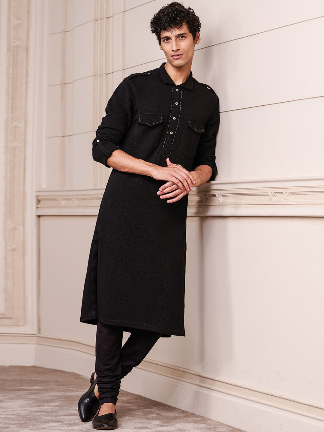 Tasva Men Black Knit Kantha Work Detail Kurta with Churidar
