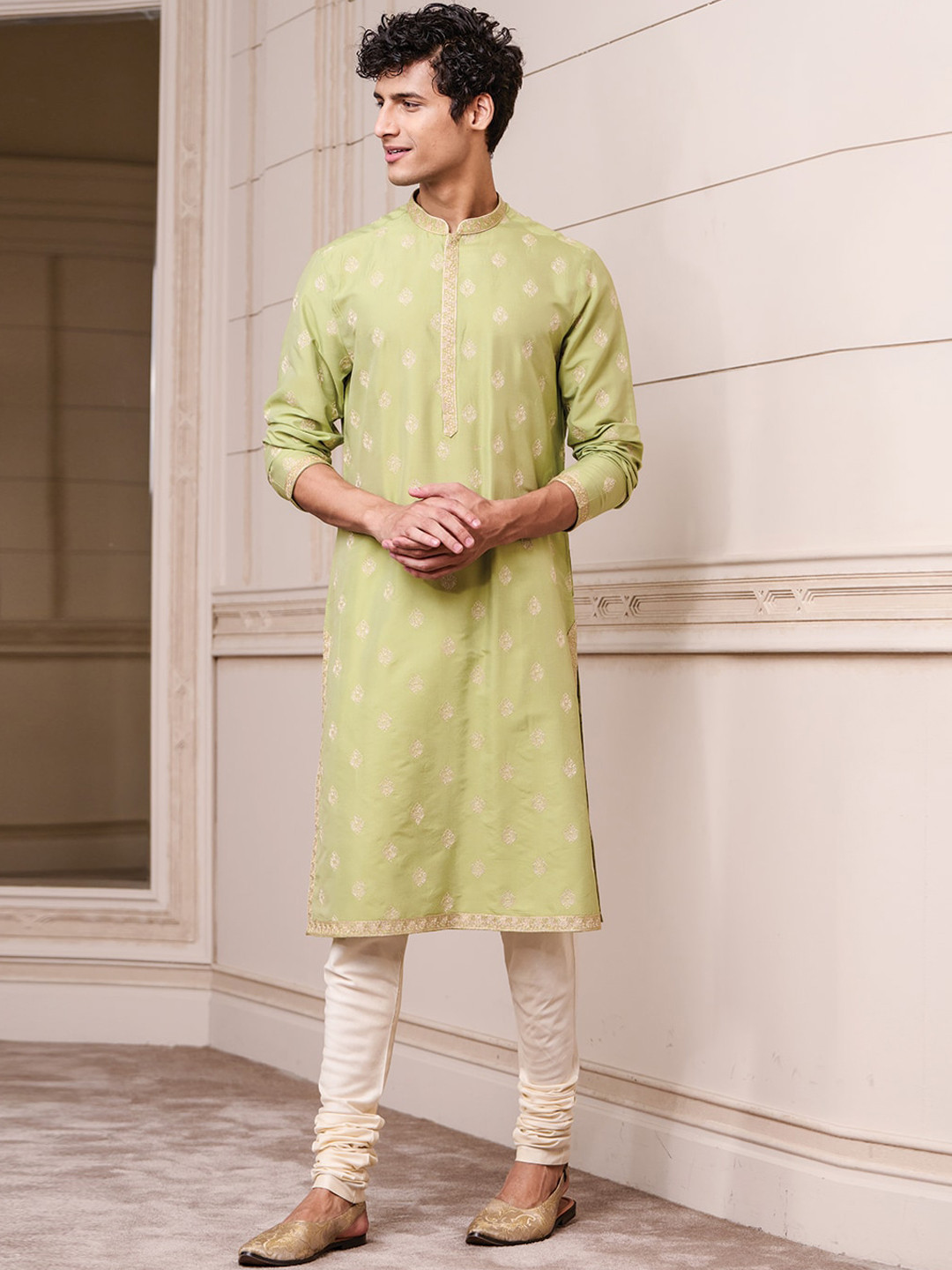 Tasva Men Green & Off White Floral Kurta with Churidar