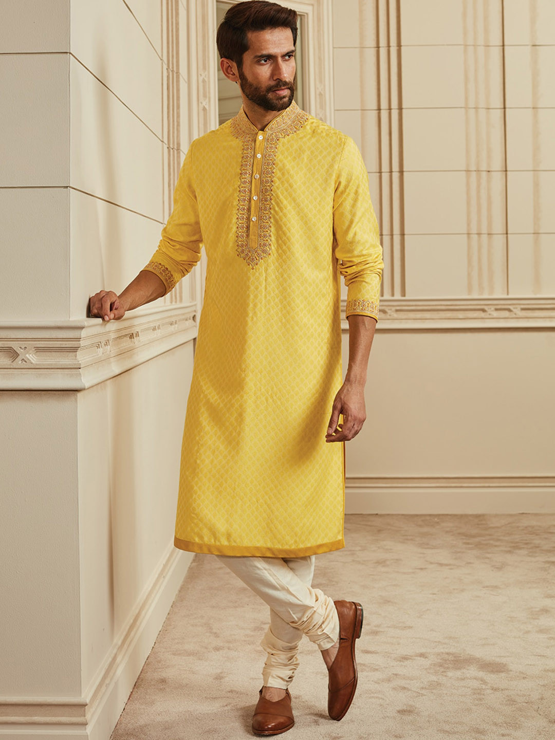 Tasva Men Yellow Textured Jacquard Kurta Set