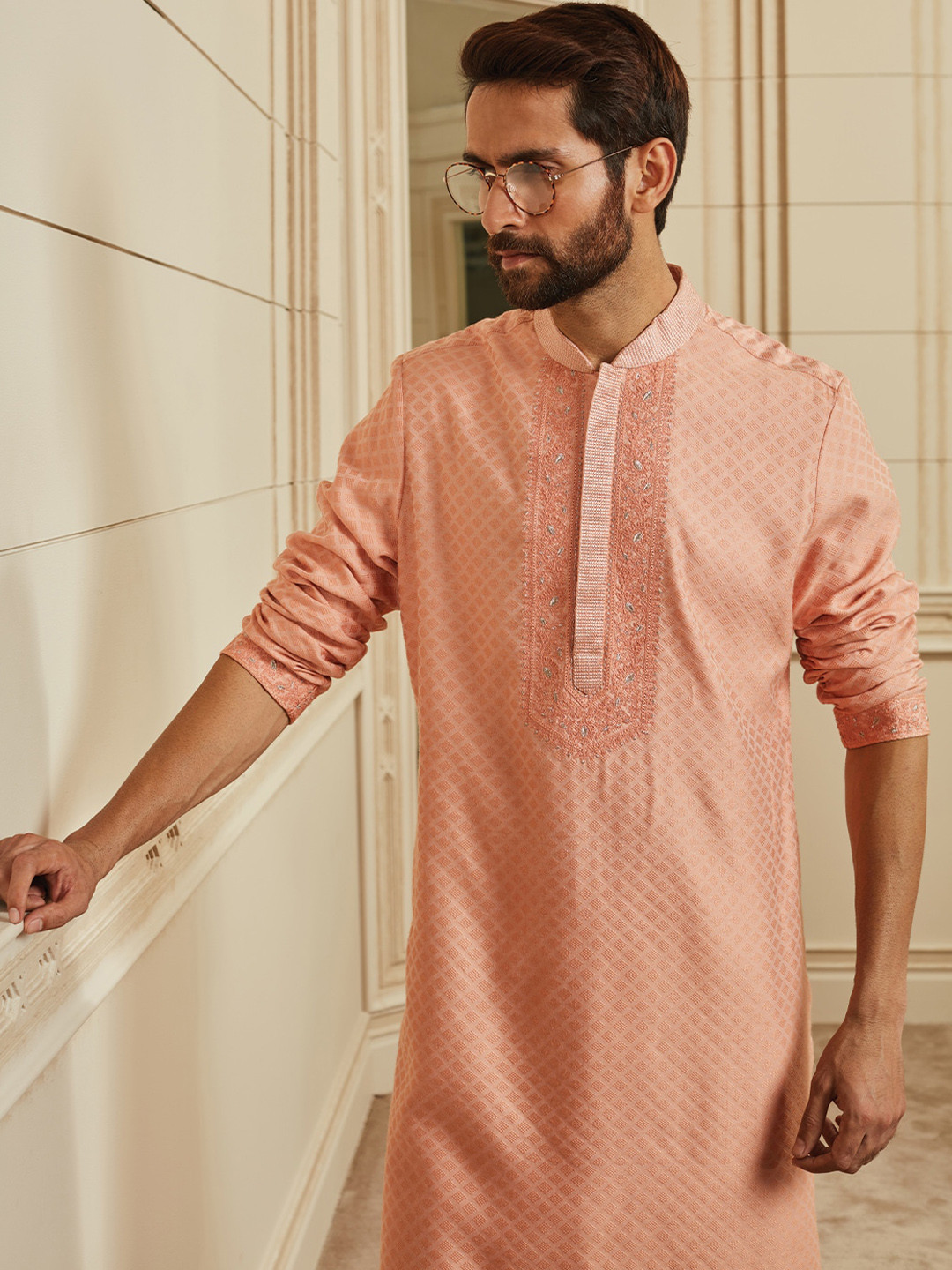 Tasva Men Peach Textured Embroidered Jacquard Kurta with Churidar