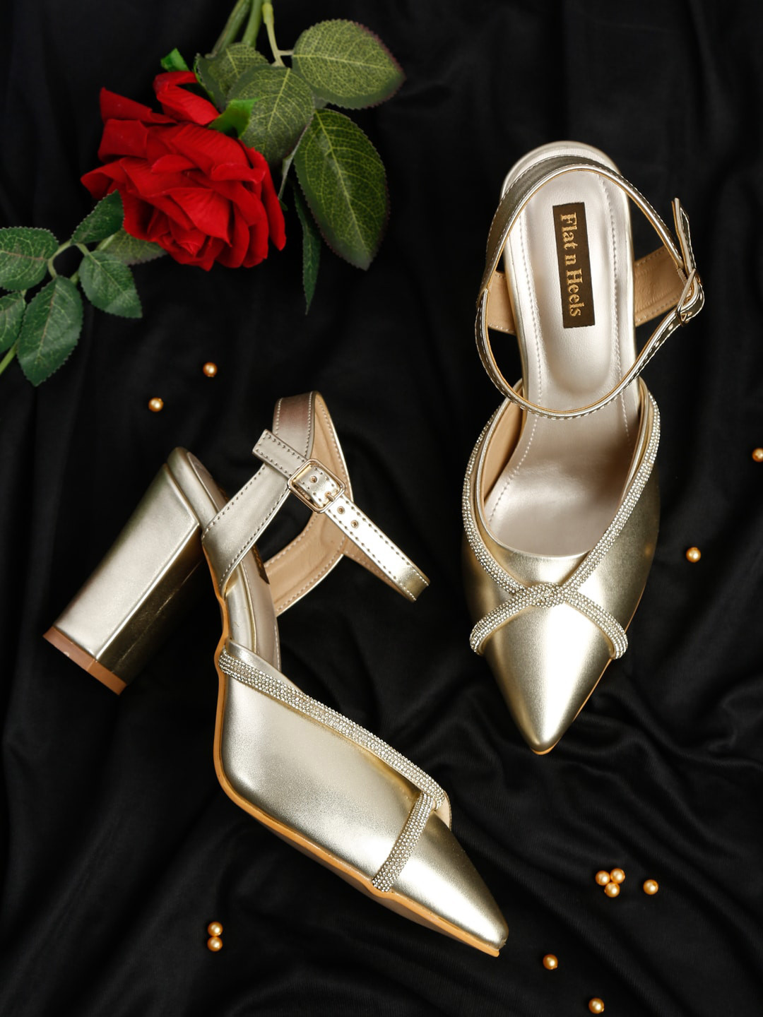 Flat n Heels Gold-Toned Embellished Ethnic Block Heels