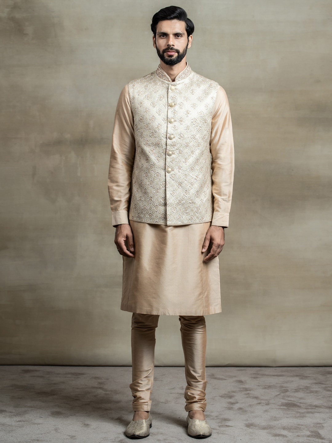 Tasva Men Golden Kurta With Churidar & Aari Embroidered Bundi Jacket
