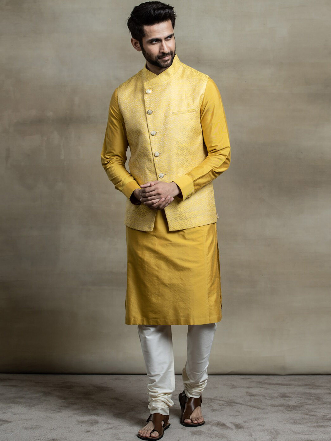 Tasva Men Yellow Layered Asymmetric Jacquard Kurta Bundi Set