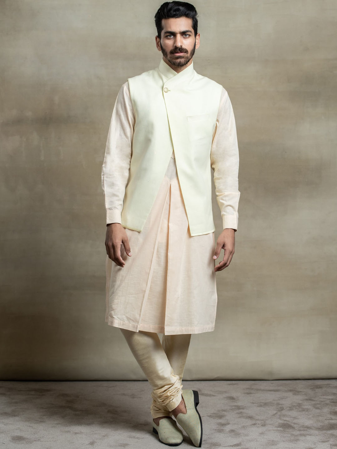 Tasva Men Cream-Coloured Layered Pure Cotton Kurta Set with Churidar & Khadi Jacket