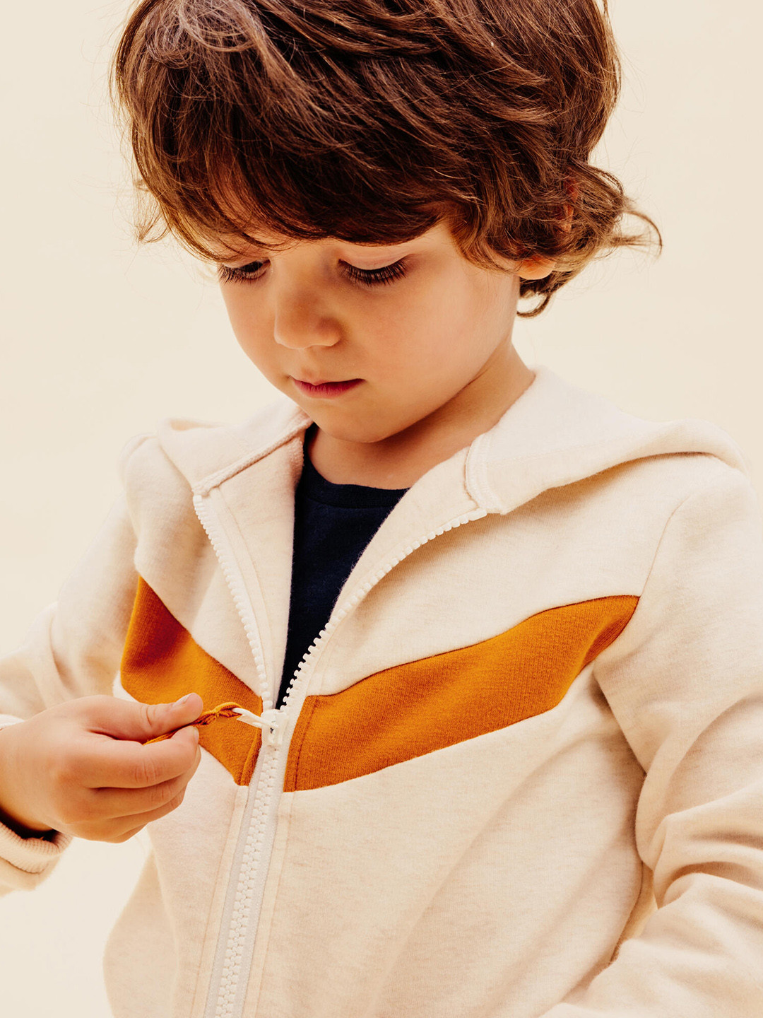 Decathlon Domyos Kids Beige & Brown Colourblocked Cotton Hooded Jacket