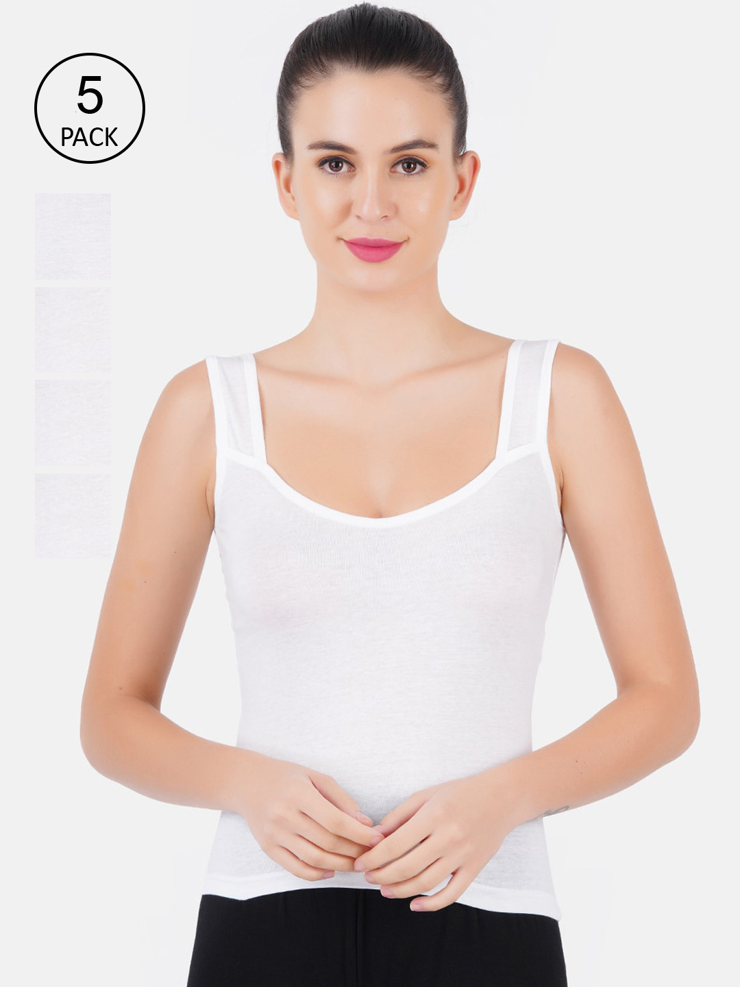 Ramraj Women Pack Of 5 White Solid Pure Cotton Non Padded Camisoles